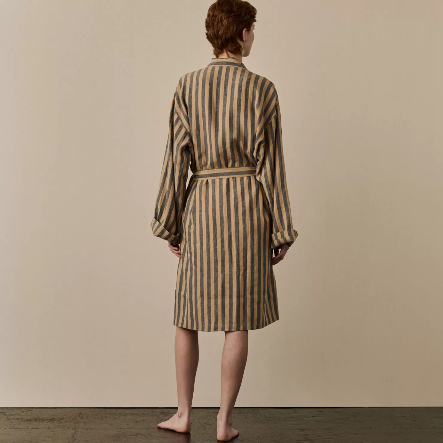 Women Piglet in Bed Blue & Porcini Striped Linen Robe