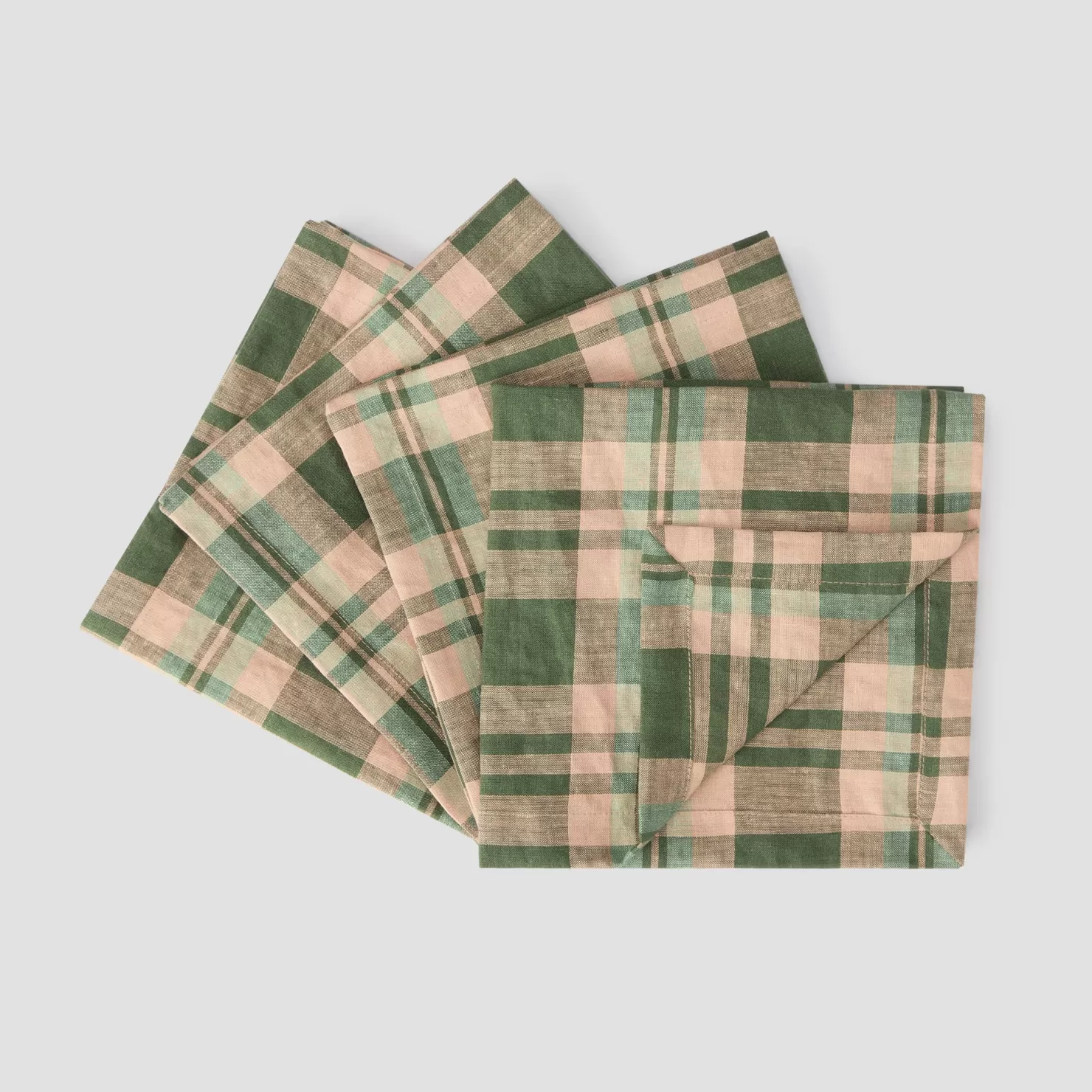 Piglet in Bed Fern Green Dallington Plaid 100% Linen Napkins Set of 4