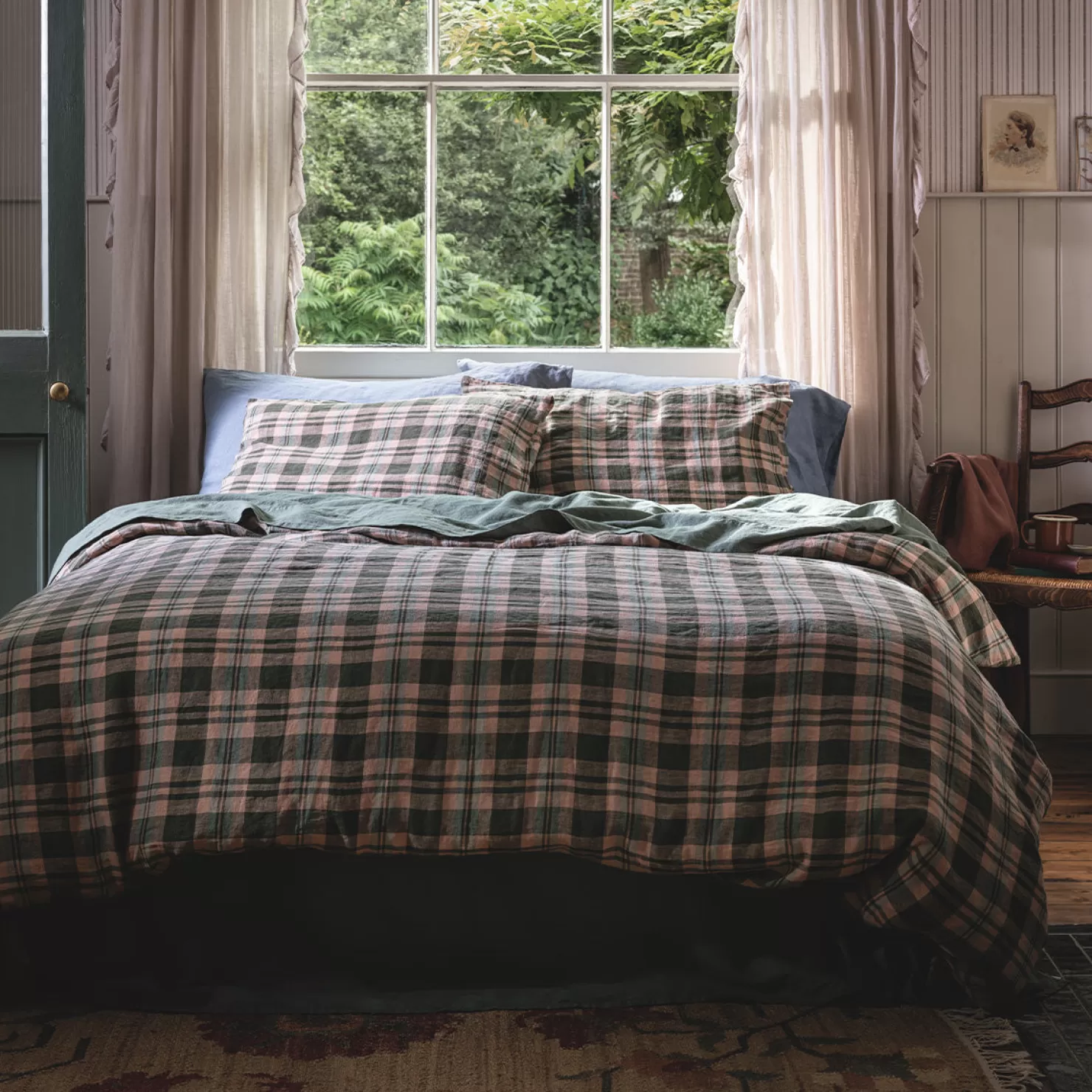 Piglet in Bed Fern Green Dallington Plaid Linen Blend Duvet Cover