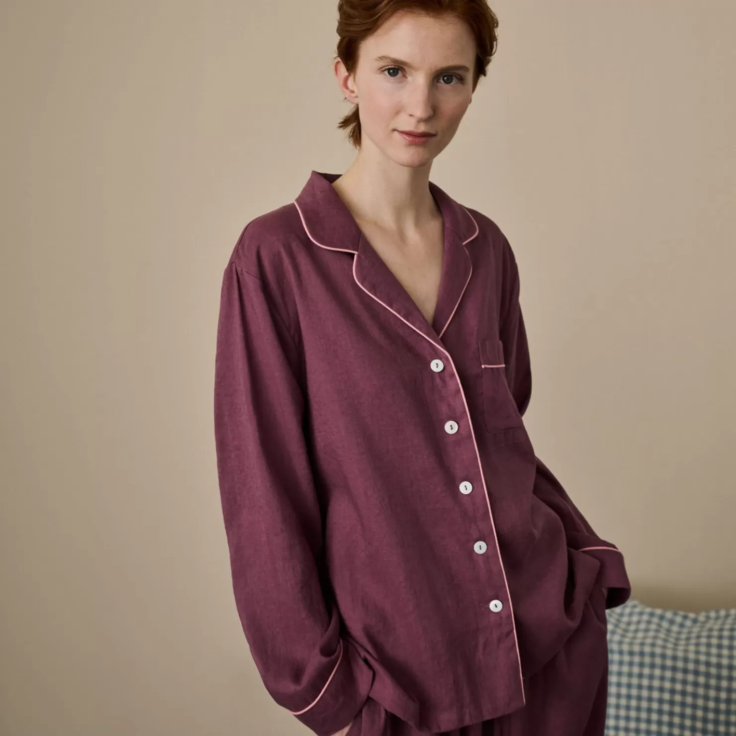 Women Piglet in Bed Linen Pajama Shirt