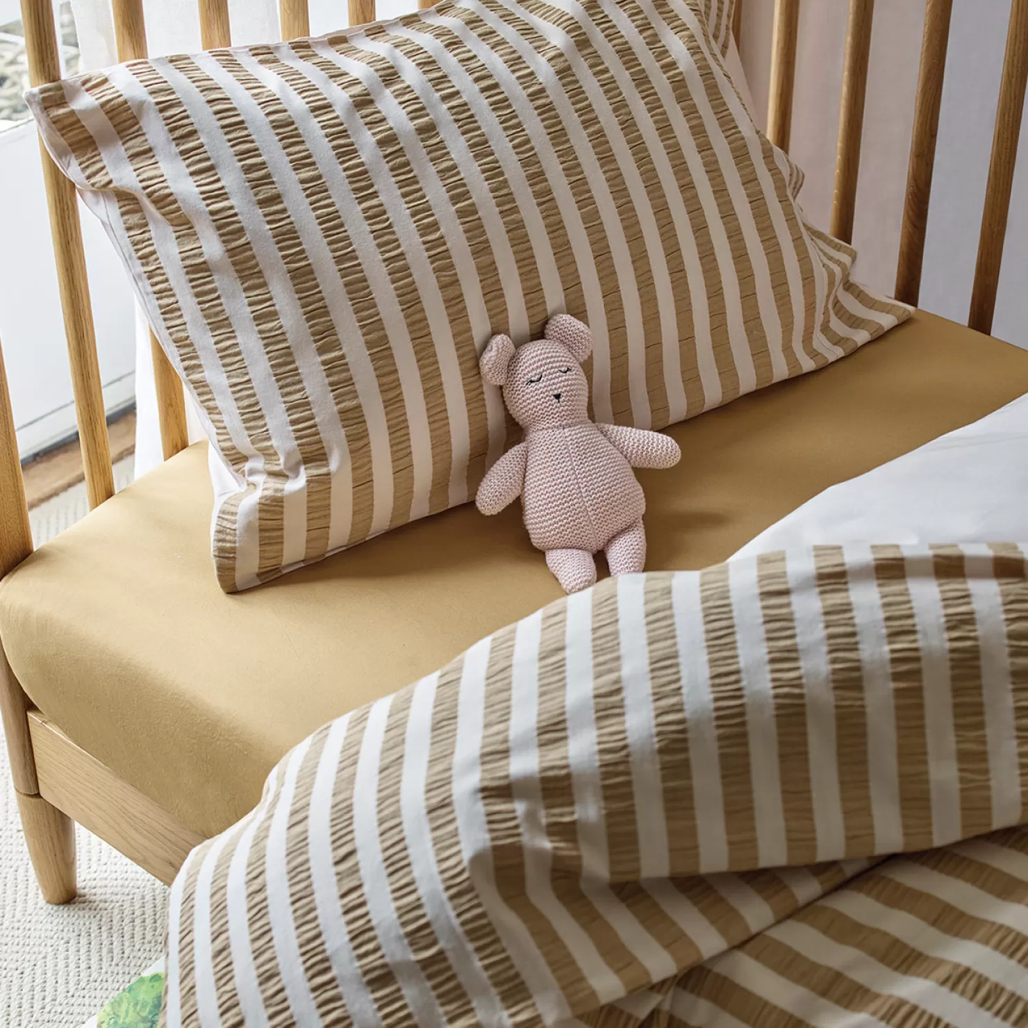 Kids Piglet in Bed Ochre Seersucker Kids Stripe Cotton Bedding Set