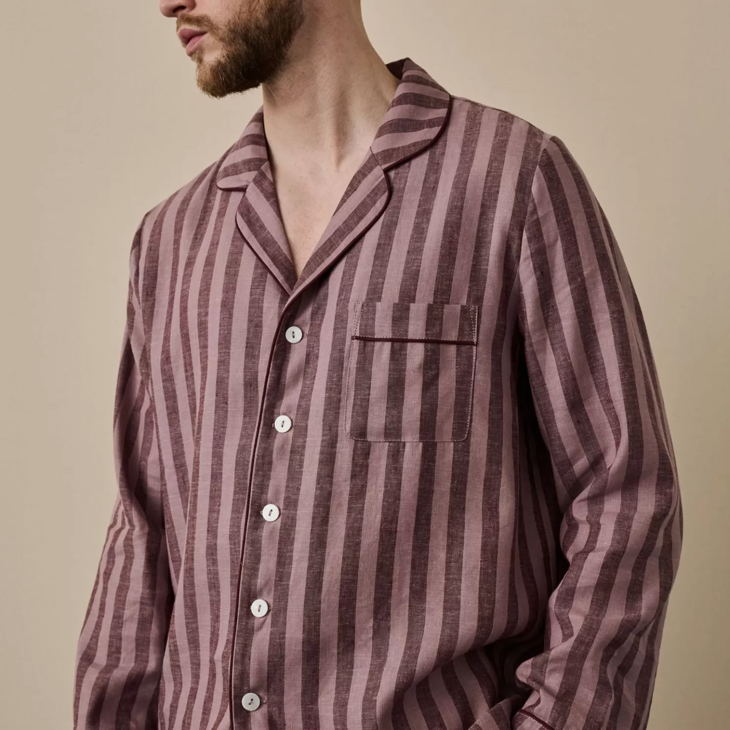 Piglet in Bed Port Woodrose Striped Linen Tencel Men's Pajama Shirt