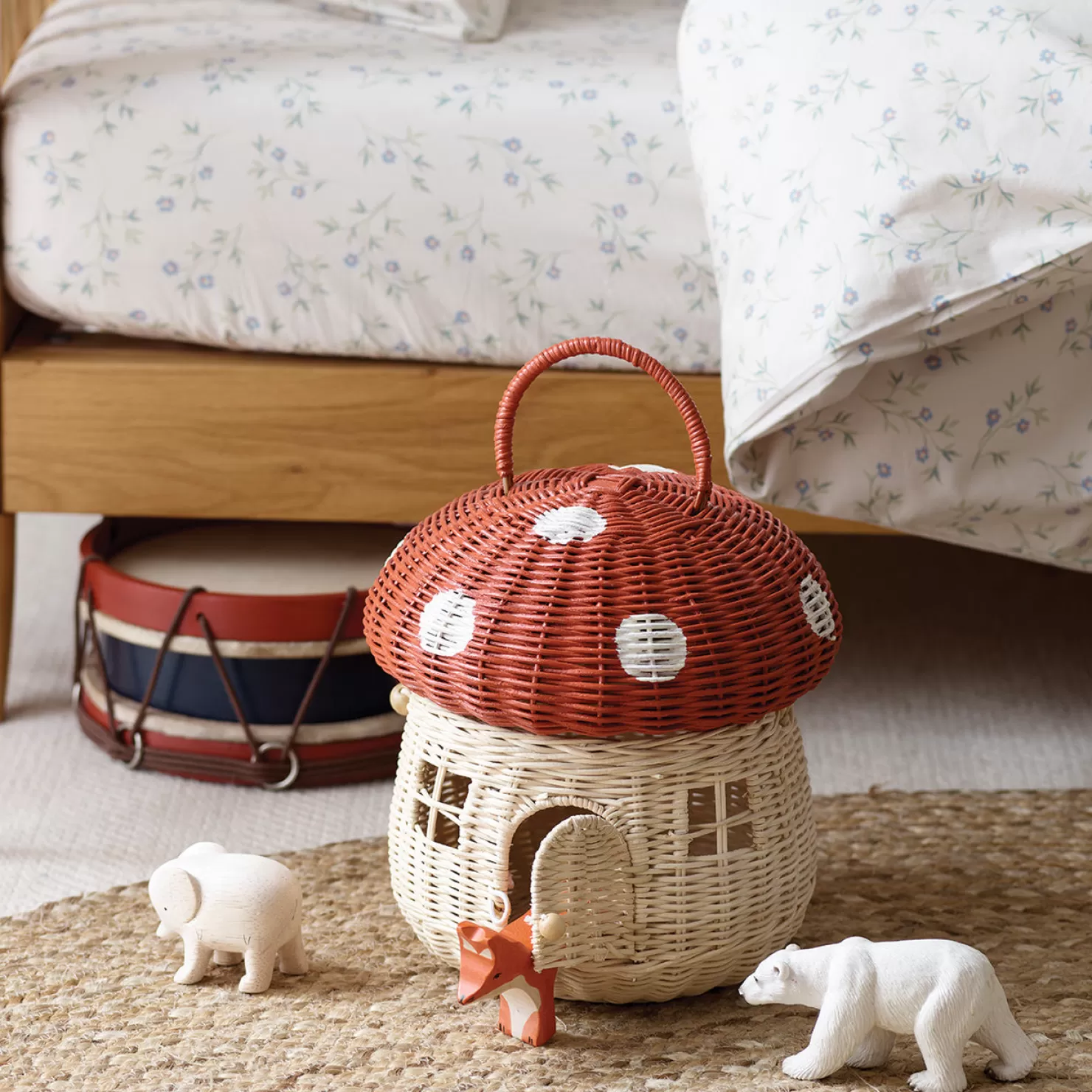 Kids Piglet in Bed Red Mushroom Basket