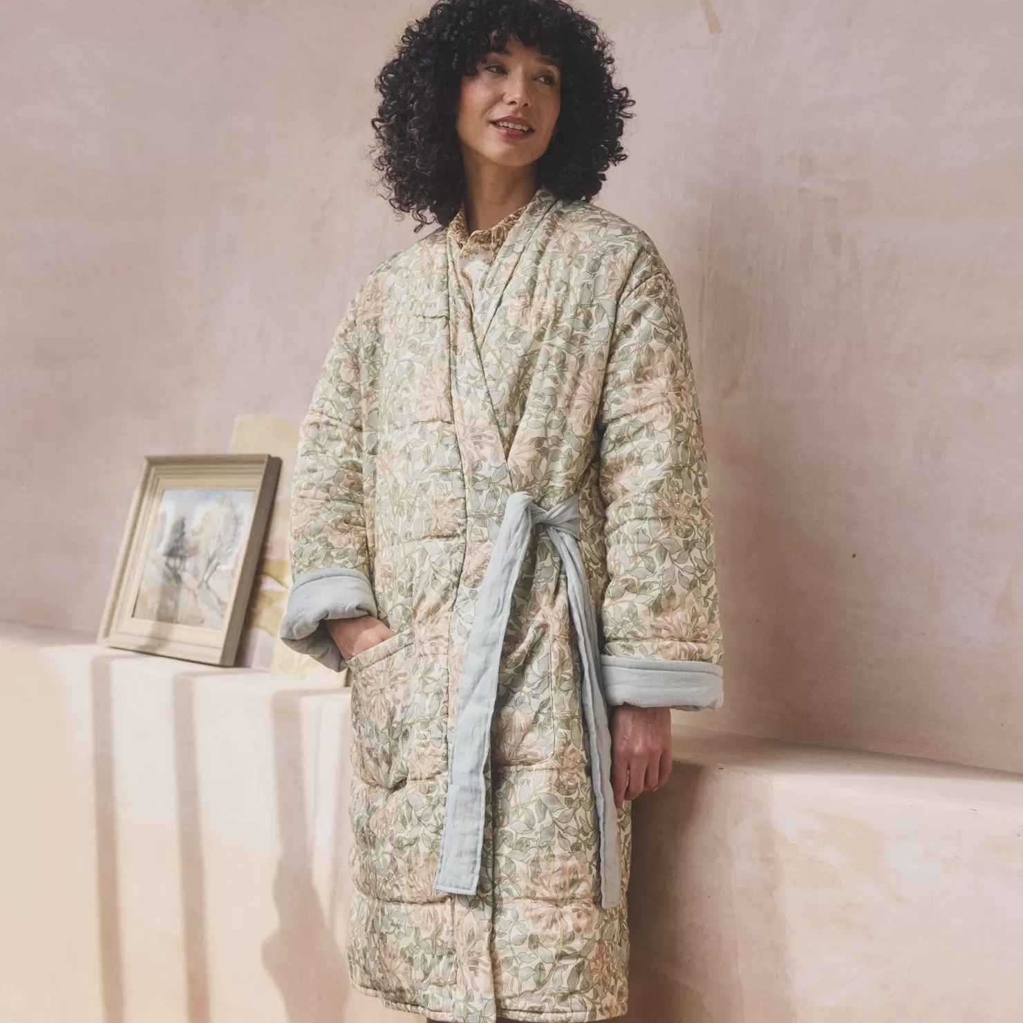 Women Piglet in Bed Soft Sage Honeysuckle Linen Housecoat